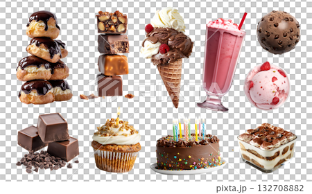 Set of sweets candy candies dessert treats, cake cupcake muffin, ice cream gelato yoghurt, milkshake, tiramisu, chocolate profiterole, transparent cutout PNG. Many different variety mockup Set of sweets candy candies dessert treats, cake cupcake muffin, ice cream gelato yoghurt, milkshake, tiramisu, chocolate profiterole, transparent cutout PNG. Many different variety mockup 132708882