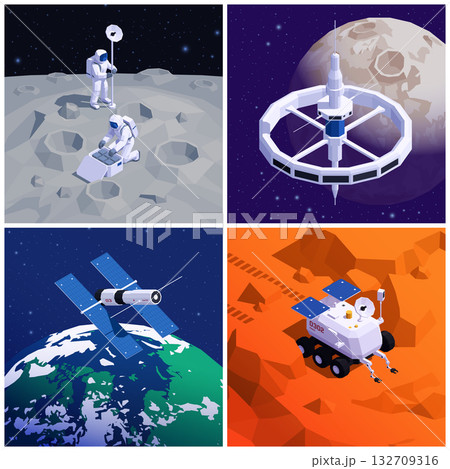 Four panel isometric illustrations of space exploration scenes Four panel isometric illustrations of space exploration scenes 132709316
