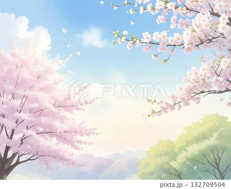 満開の桜と青空が広がる春の風景イラスト 132709504