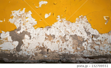 《AI画像》劣化して塗装が剥がれた黄色い壁 132709551