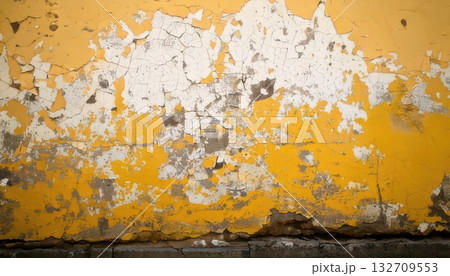 《AI画像》劣化して塗装が剥がれた黄色い壁 132709553