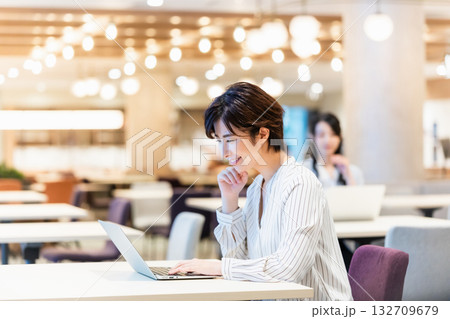 オフィスでパソコンを操作する笑顔の女性 オフィスでパソコンを操作する笑顔の女性 132709679