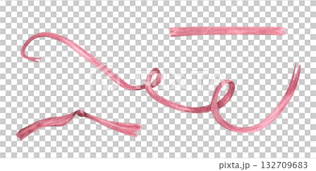 Watercolor vintage pink textile wavy ribbon illustration on isolated background. Elegance holiday pastel adornments. Coquette romantic elements for gift decor, birthday cards, invitation design 132709683