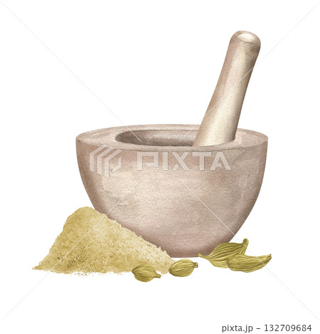 Cardamom powder ground with pestle and mortar Watercolor illustration on isolated background. Dried Cardamom spice seeds. Aromatic ingredient for baking, hot and cold drinks, seasoning various dish. 132709684