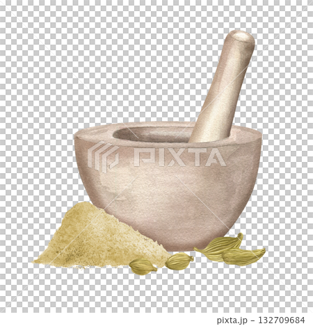 Cardamom powder ground with pestle and mortar Watercolor illustration on isolated background. Dried Cardamom spice seeds. Aromatic ingredient for baking, hot and cold drinks, seasoning various dish. 132709684
