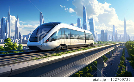 Futuristic Elevated Train in Modern City Landscape 132709723
