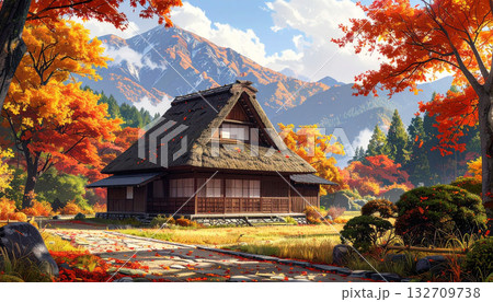Traditional Japanese House in Autumn Landscape Traditional Japanese House in Autumn Landscape 132709738