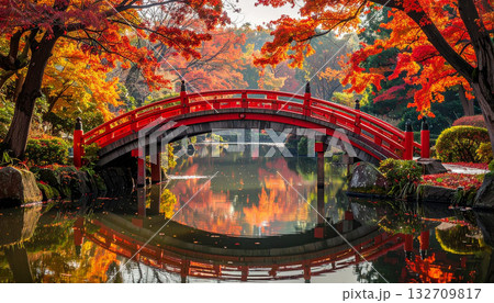 Red Bridge in Japanese Garden with Autumn Foliage 132709817