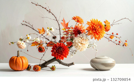 Autumn floral arrangement with dahlia flowers and pumpkin 132709854