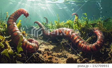 Giant Carnivorous Aquatic Worms Hunting Underwater 132709931