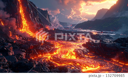 Erupting Volcano with Lava Flowing into a Valley 132709985