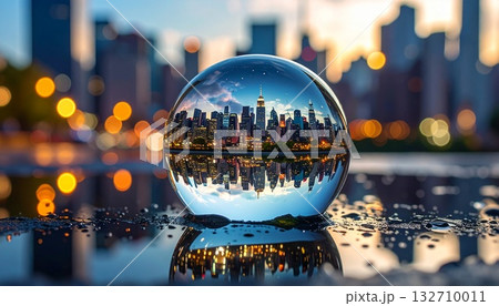 Cityscape reflected inside a crystal ball 132710011