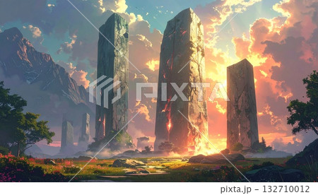Monumental Stone Pillars in a Vibrant Landscape Monumental Stone Pillars in a Vibrant Landscape 132710012