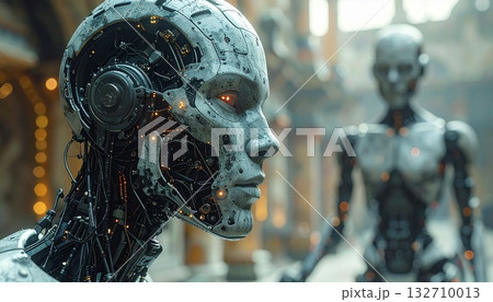 Advanced AI Robot Head with Orange Eyes in Futuristic Scene 132710013