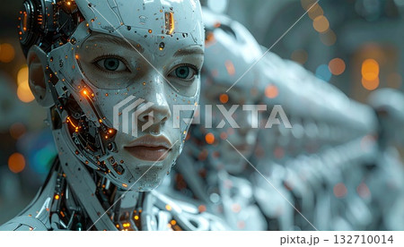 Humanoid Android Face Close-Up With Glowing Details Humanoid Android Face Close-Up With Glowing Details 132710014