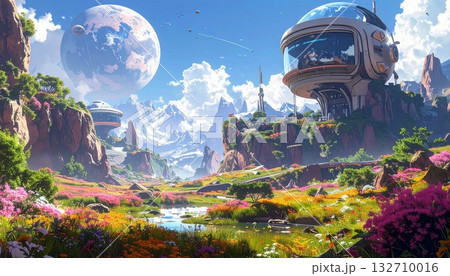 Futuristic Landscape with Sci-Fi Buildings and Exoplanet View 132710016