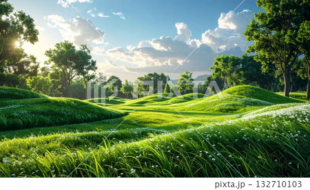 Scenic Rolling Hills Landscape with Green Grass and White Flowers 132710103