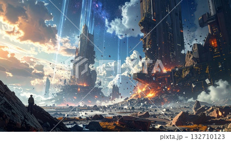 Apocalyptic Cityscape with Tower Ruins and Falling Debris 132710123