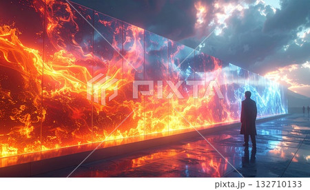 Man Standing Before Wall of Fire and Ice 132710133