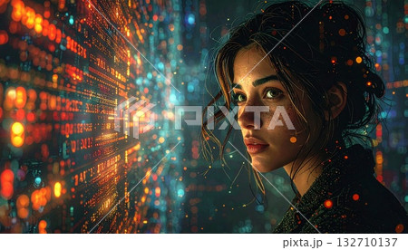 Woman Stares Intently at a Wall of Glowing Code and Data Woman Stares Intently at a Wall of Glowing Code and Data 132710137