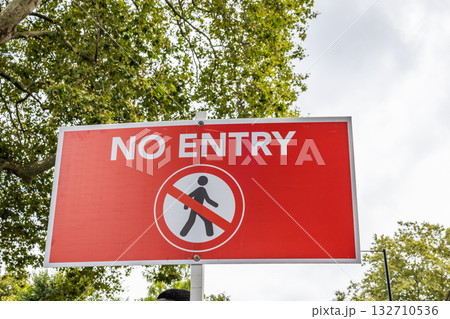 Red 'No Entry' Pedestrian Prohibition Sign Outdoors, Restricted Area Warning 132710536