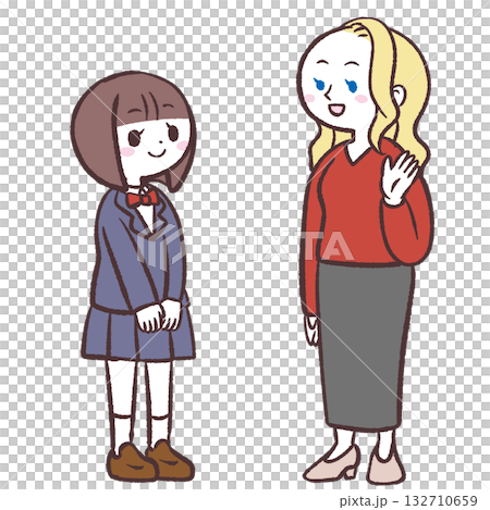 插圖描繪了一名女學生和一名白人女性正在交談的場景。 132710659