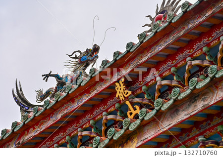 Close-up of the ornate decor on the Mengjia Longshan Temple in Taipei, Taiwan. Chinese folk religion landmark. Buddhist Temple. Religious and traditional Chinese art.  132710760