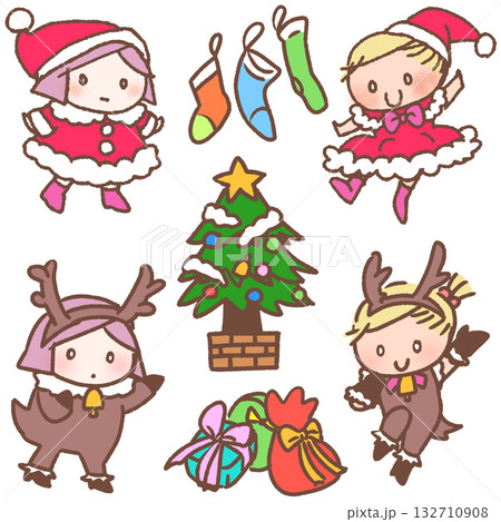 かわいいクリスマスのイラスト素材 サンタとトナカイの女の子 かわいいクリスマスのイラスト素材 サンタとトナカイの女の子 132710908