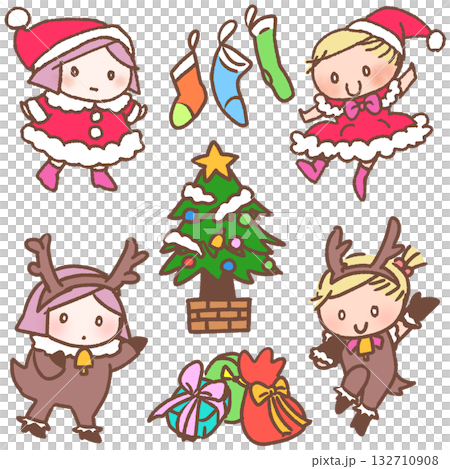 可愛的聖誕插畫素材：聖誕老人與馴鹿女孩 132710908