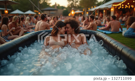Couple enjoying an ice bath at an outdoor gathering, surrounded by cheerful people in swimwear, with warm ambient lighting, Ice bath pod concept Couple enjoying an ice bath at an outdoor gathering, surrounded by cheerful people in swimwear, with warm ambient lighting, Ice bath pod concept 132711099