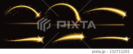 Magic star arch shooting light stardust sparkle. Golden trail and meteor with line and curve. Isolated vector illustration with flare shine effect and comet beam tail 132711201