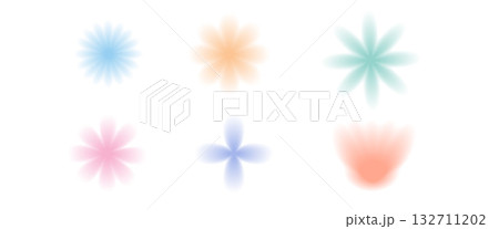 Pastel flower y2k icons with soft blur gradient. Aura texture floral shapes in pink, green, and blue tones. Vintage aesthetic figures. Summer vector set of simple flowers isolated on white background 132711202