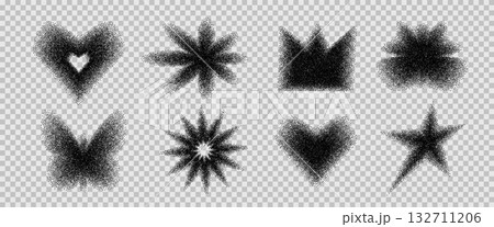 Black grainy noise gradient icon figures. Grain gradation hearts and sparks dot airbrush spray shapes. Blinks and crown dotworks y2k forms. Vector emo noir butterfly figures isolated on transparent 132711206