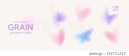 Grain gradient butterfly and heart set. Y2k love symbols icons. Dot gradation airbrush flying blue and pink transition spray illustration. Vector vintage aesthetic grainy heart and butterflies figures 132711217