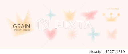 Grain gradient shapes. Y2k dot noise colorful figures set. Crown, butterfly flower dots gradation airbrush elements. Vector grainy texture shapes with abstract groovy tone set on beige background Grain gradient shapes. Y2k dot noise colorful figures set. Crown, butterfly flower dots gradation airbrush elements. Vector grainy texture shapes with abstract groovy tone set on beige background 132711219