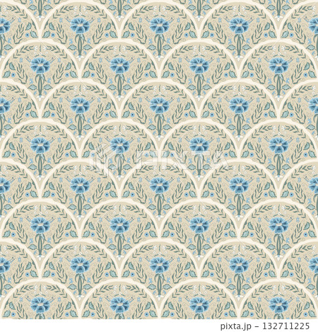 Scallop blue plumeria seamless pattern. Floral indian chintz. Flower aop scallop endless background. Chintz retro cover. Fabric folk design continuous ornament. Vector hand drawn background 132711225