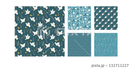 Dove of peace seamless patterns collection. Folk birds motif background set. Pigeons flying on sky repeat background. Vector hand drawn flat doves print illustrations. Allover seeds and floral bg Dove of peace seamless patterns collection. Folk birds motif background set. Pigeons flying on sky repeat background. Vector hand drawn flat doves print illustrations. Allover seeds and floral bg 132711227