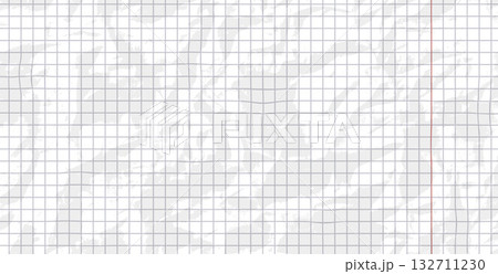 Crumpled grid paper blank. White math page background. Notepad or school paper sheet. Vector horizontal binder checkerboard folded pattern. Craft diary on memo textured cover 132711230