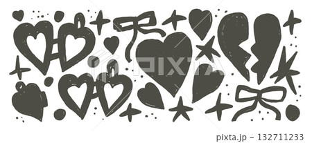 Hearts and love elements chalk set. Locket couple, bow and stars stickers crayon black shape. Breaking hearts and bowknot for valentine, craft projects on transparent background. Vector illustration 132711233