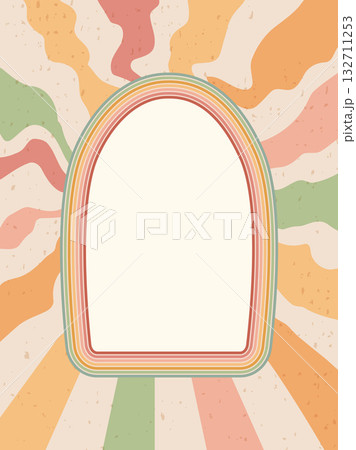 Arch groovy frame banner template. Geometric doodle text boxer with rainbow stripes. Borders on distressed starburst background. Vector retro illustration 132711253