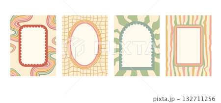 Oval, rectangle and arch scallop groovy frames banners template set. Wavy edges geometric doodles. Wave borders on distressed lines and grid background. Vector retro illustration Oval, rectangle and arch scallop groovy frames banners template set. Wavy edges geometric doodles. Wave borders on distressed lines and grid background. Vector retro illustration 132711256