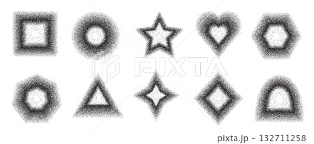 Dust power frames set. Dot work black ink gradient simple geometric border shapes set. Grainy noise textured y2k elements. Square, blinks, star with arch and circle vector text boxes forms Dust power frames set. Dot work black ink gradient simple geometric border shapes set. Grainy noise textured y2k elements. Square, blinks, star with arch and circle vector text boxes forms 132711258