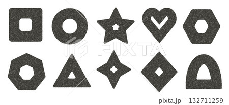 Ink linocut rolled geometric shapes with noise set. Grainy textured y2k elements with hole. Triangle, rectangle, star and circle. Vector gritty stickers shapes. Grunge geometry figures 132711259