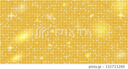 Yellow disco ball mosaic with golden mirror glitter gradient background. Shiny metallic gold tones pattern. Festive fashion light decoration. Glam sparkle Christmas wall. Vector gradation illustration Yellow disco ball mosaic with golden mirror glitter gradient background. Shiny metallic gold tones pattern. Festive fashion light decoration. Glam sparkle Christmas wall. Vector gradation illustration 132711260