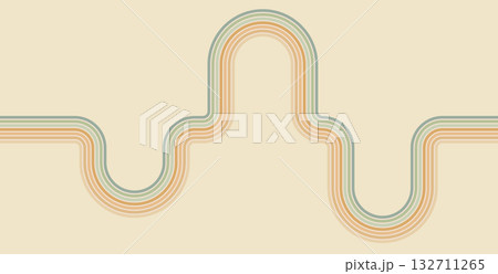 Groovy rainbow lines background. Wavy stripes vintage colors cover. Playful squiggle wave arch wall design. Vector retro beige wiggle ornament 132711265