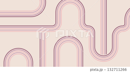 Groovy rainbow purple lines background. Wavy stripes vintage colors cover. Playful squiggle wave arch wall design. Vector retro beige wiggle ornament 132711266