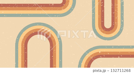 Retro rainbow lines path background. Horizontal banner with arch boho stripes abstract pattern. Vector vintage curved underline geometric backdrop. Dynamic curved playful wallpaper 132711268