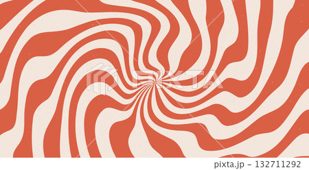 Groovy crazy liquid red starburst background. Retro hypnosis spiral with sun rays fluid illustration. Vector wavy decoration. Radial stripes vintage backdrop 70s pop art design 132711292