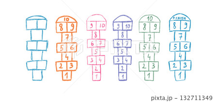 Hopscotch playground games chalk drawn set. Hop scotch play drawing on asphalt isolated on transparent background. Children outdoor entertainment. Vector colorful crayon handwritten illustration Hopscotch playground games chalk drawn set. Hop scotch play drawing on asphalt isolated on transparent background. Children outdoor entertainment. Vector colorful crayon handwritten illustration 132711349