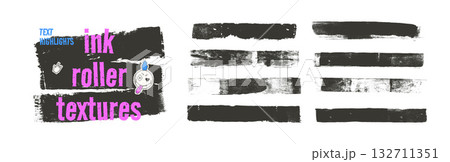 Ink roller rough textures. Black paint text boxes. Grunge brush stroke lines set. Quotation boxes grange lines black textures. Vector rolled linocut streaks with pixel punk element Ink roller rough textures. Black paint text boxes. Grunge brush stroke lines set. Quotation boxes grange lines black textures. Vector rolled linocut streaks with pixel punk element 132711351